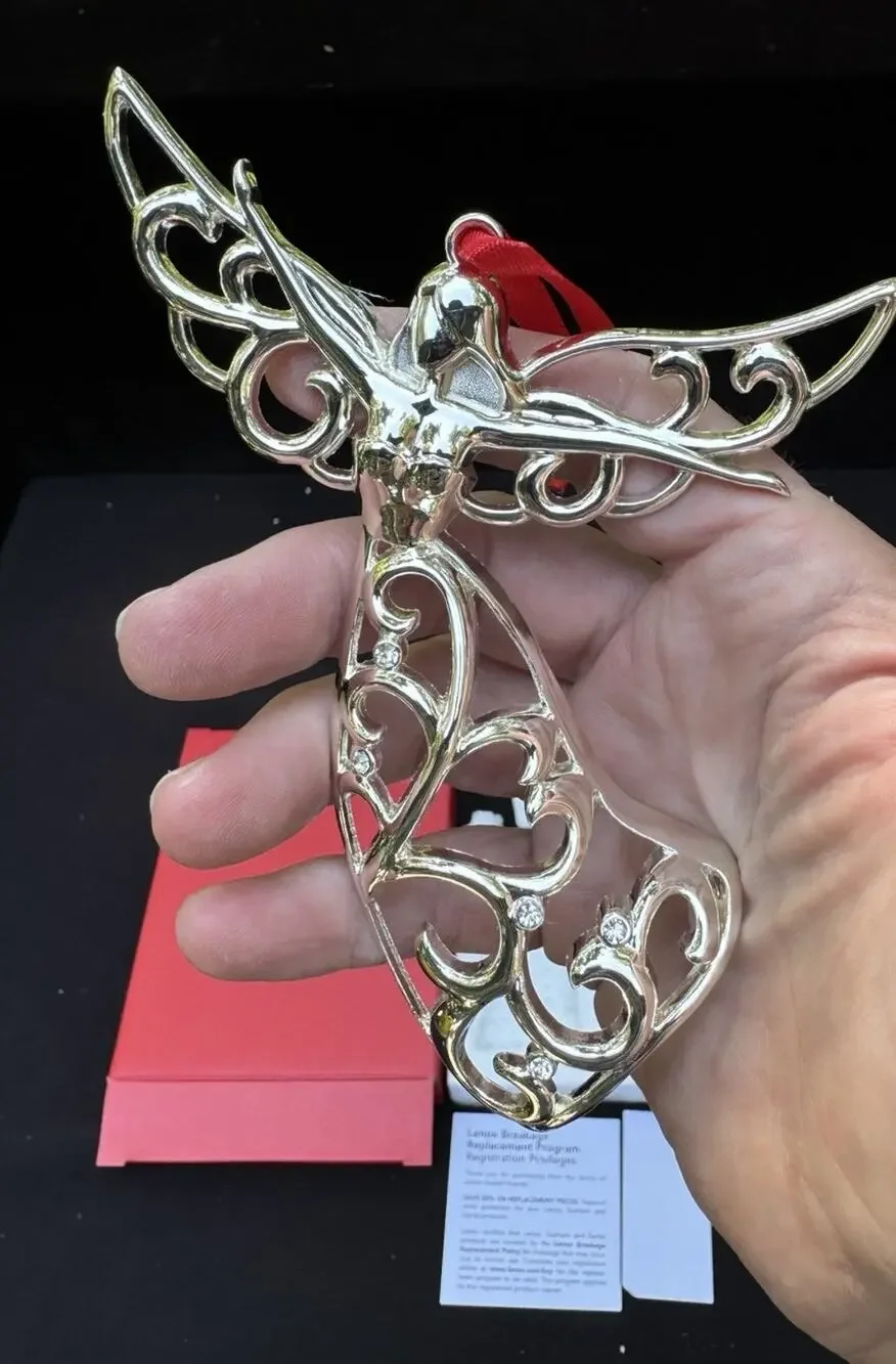 Lenox Sparkle And Scroll SILVERPLATED JEWELED Christmas Angel Ornament MIB -S1T
